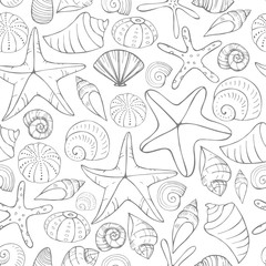 Starfish and seashells. Vector seamless pattern