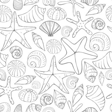 Starfish and seashells. Vector seamless pattern