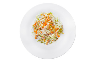 Salad of vegetables with cucumber, carrots, cabbage, meat, ham, bacon on plate, white isolated background, view from above, for the menu, restaurant bar cafe