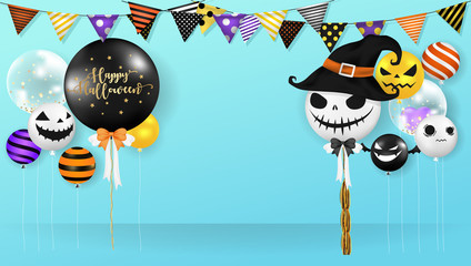 Halloween background. Realistic Halloween party balloons and party flag decoration on blue background. Vector illustration.