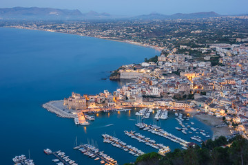 Blue hour view on Castellammare del Golfo in northern Sicily, Italy.