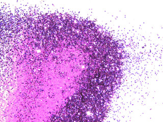 Purple glitter sparkles on white background. Beautiful abstract backdrop for vip design, fashion, make up, nail art, shopping, cards design, beauty concept