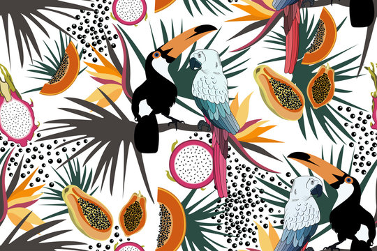 Tropical seamless pattern with cute toucans,parrots,flowers,papayas,dragon fruit and leafs.Vector summer exotic background.Textile texture
