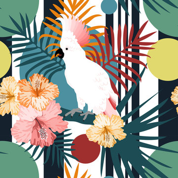 Tropical seamless pattern with colorful parrots,flowers and leafs.Summer vector background.Textile texture