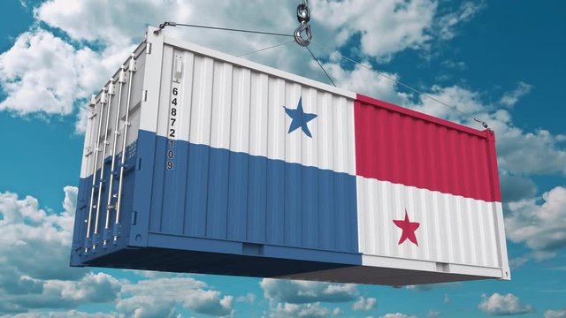 Container with flag of Panama. Panamian import or export related conceptual 3D animation