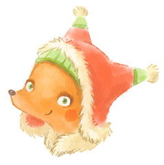 Pretty fox portrait, red hat, watercolor illustration