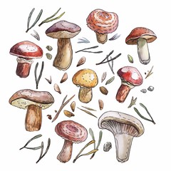 Watercolor mushrooms set, naturalistic illustration