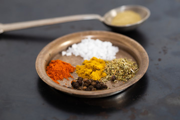 Spices on a metal plate and spoon