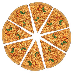 Group of vector colorful illustrations on the pizza theme; pieces of cheese pizza. Pictures contain realistic shadows and glare.