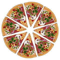 Group of vector colorful illustrations on the pizza theme; pieces of meat pizza. Pictures contain realistic shadows and glare.