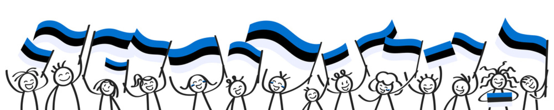 Cheering crowd of happy stick figures with Estonian national flags, smiling Estonia supporters, sports fans isolated on white background
