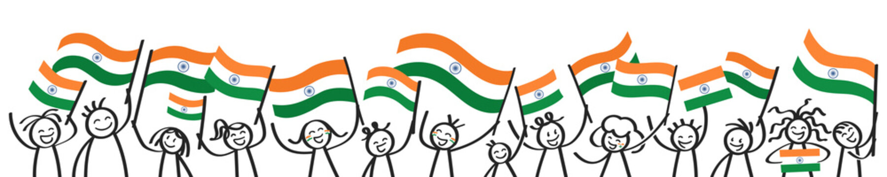 Cheering crowd of happy stick figures with Indian national flags, smiling India supporters, sports fans isolated on white background