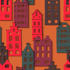 Seamless pattern with houses in paper cut style. Vector illustration