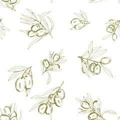 seamless pattern olives, hand-drawn olive fruits and branches - 223368124