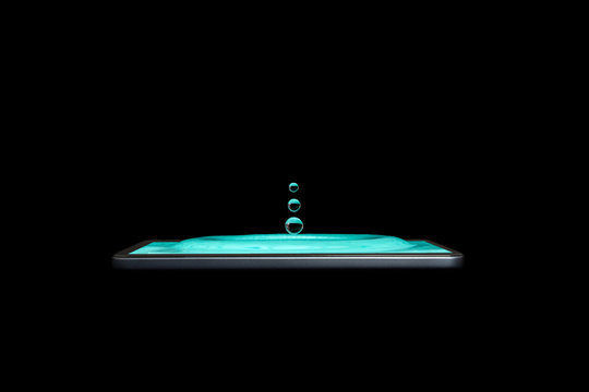 Conceptual creative 3D volumetric photo of water droplets with splashes in a smartphone isolated on a black background. Drops of water fall into the smartphone. volumetric 3D photo.