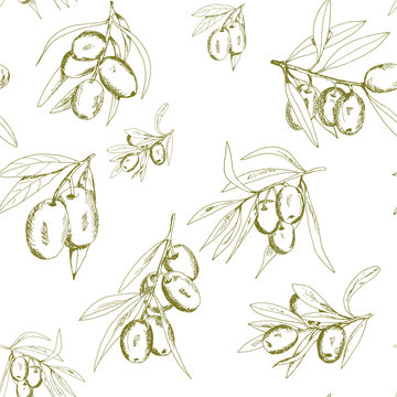 seamless pattern olives, hand-drawn olive fruits and branches