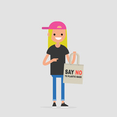 Young female character holding a canvas tote. Eco friendly behaviour. Eco bag. Shopper. Flat editable vector illustration, clip art