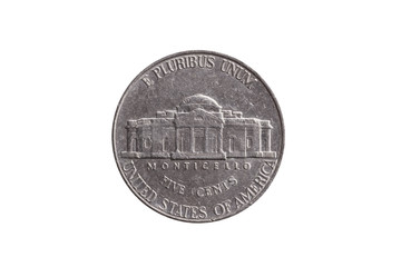 USA half dime nickel coin (25 cents) dated 1999 reverse showing Monticello cut out and isolated on a white background