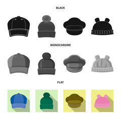 Vector illustration of headgear and cap icon. Collection of headgear and accessory stock vector illustration.