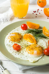Fried eggs with cherry tomatoes on a plate