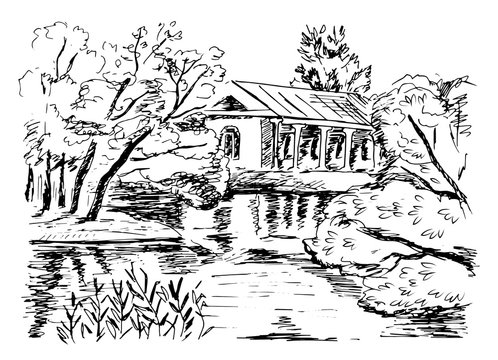 Park view with lake, trees and old house. Black and white hand drawn landscape. Vector illustration.
