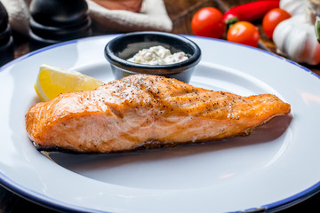 Salmon steak on the grill