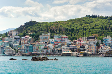 Fototapeta premium Modern resort place with many mini hotels, village Santa-Barbara in Utes, Crimea. 