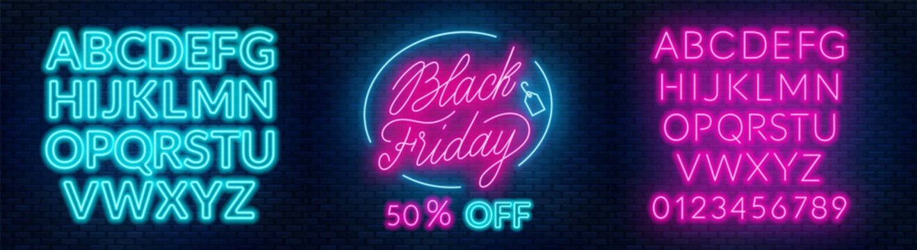 Black Friday neon lettering on brick wall background with the alphabet