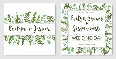set for wedding invitation, greeting card, save date, banner. Vintage frame with green fern leaf, boxwood and eucalyptus sprigs isolated on white background
