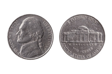 USA half dime nickel coin (25 cents) with a portrait image of Thomas Jefferson obverse and...