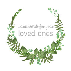 Wreath with herbs and leaves isolated on white background. Botanical illustration. Boxwood, eucalyptus, forest fern. Save the date, invitations, cards. Design elements. Vector
