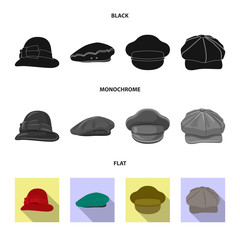 Vector illustration of headgear and cap symbol. Collection of headgear and accessory stock symbol for web.
