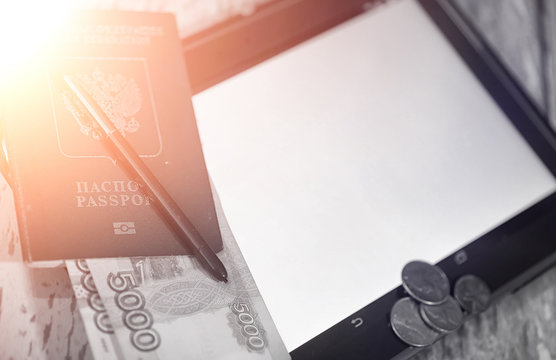 The graph of income growth. Electronic tablet with a graph of gr