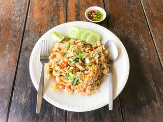 Fried rice with seafood shrimp squid and egg