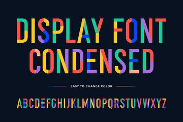 Colorful font. Colorful condensed alphabet and font. Condensed bold uppercase color letters. Type, typography letter latin font. Hand-drawn modern narrow font for headline, text. Vector Illustration