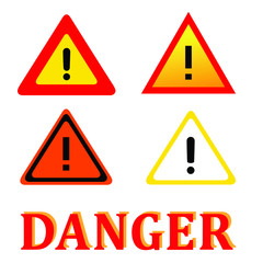 Set attention danger signal icon notice, exclamation caution beware, triangle danger road security, flat mark