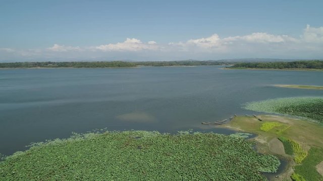Aerial view of Paoay Lake with water lilies, Philippines. Lake against background of mountains and sky with clouds. Paoay Lake National Park, Ilocos Norte.