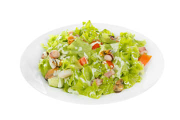 Salad with seafood, cocktail of squid, mussels, octopus, clam, tomato, lettuce, cucumber, cream sauce on plate, white isolated background Side view. For the menu, restaurant bar cafe