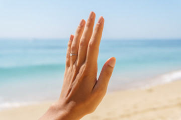 Beautiful Elegant Engagement Diamond Ring Close Up On Woman Finger