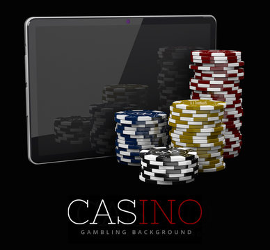 Casino Chips with Tablet, online casino concept, 3d Illustration of Casino Games Elements