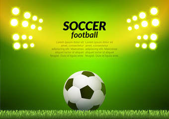 Obraz premium Soccer football stadium backgorund. Vector ball on green field, sport illustration
