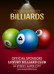 Vector Billiard challenge poster. 3d realistic balls on billiard table with lamp. Flyer design or poster cover