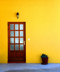 Yellow house wall with door and flower pot / Door
