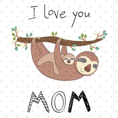 Baby shower cards. Vector sloth mom and baby © Tapilipa