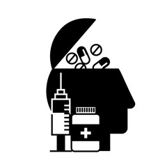 profile human head pills and bottle medical syringe