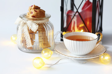 Tea with pastries for breakfast. Sweets and pastries with nuts f