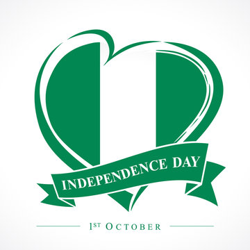 1st October Nigeria Independence Day love emblem. Flag of Nigeria with heart shape for Nigerian Independence Day isolated on white background. Vector illustration