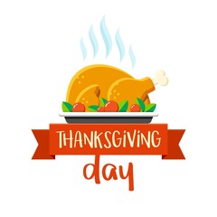 Happy Thanksgiving day vector greeting card with turkey on plate and red ribbon. Flat celebration 