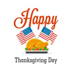 Happy Thanksgiving day vector greeting card with turkey and USA flags. Flat celebration illustration