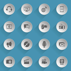 media web icons on light paper circles